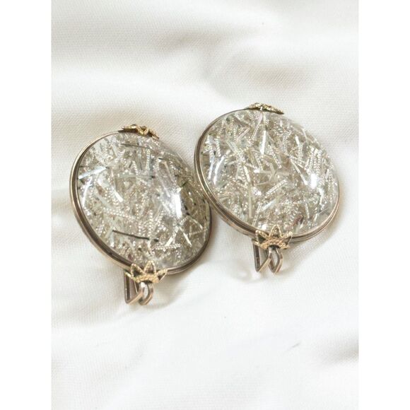 Hillcraft Silver Confetti Lucite Earrings Slide On Backs GF wire - Picture 5 of 5